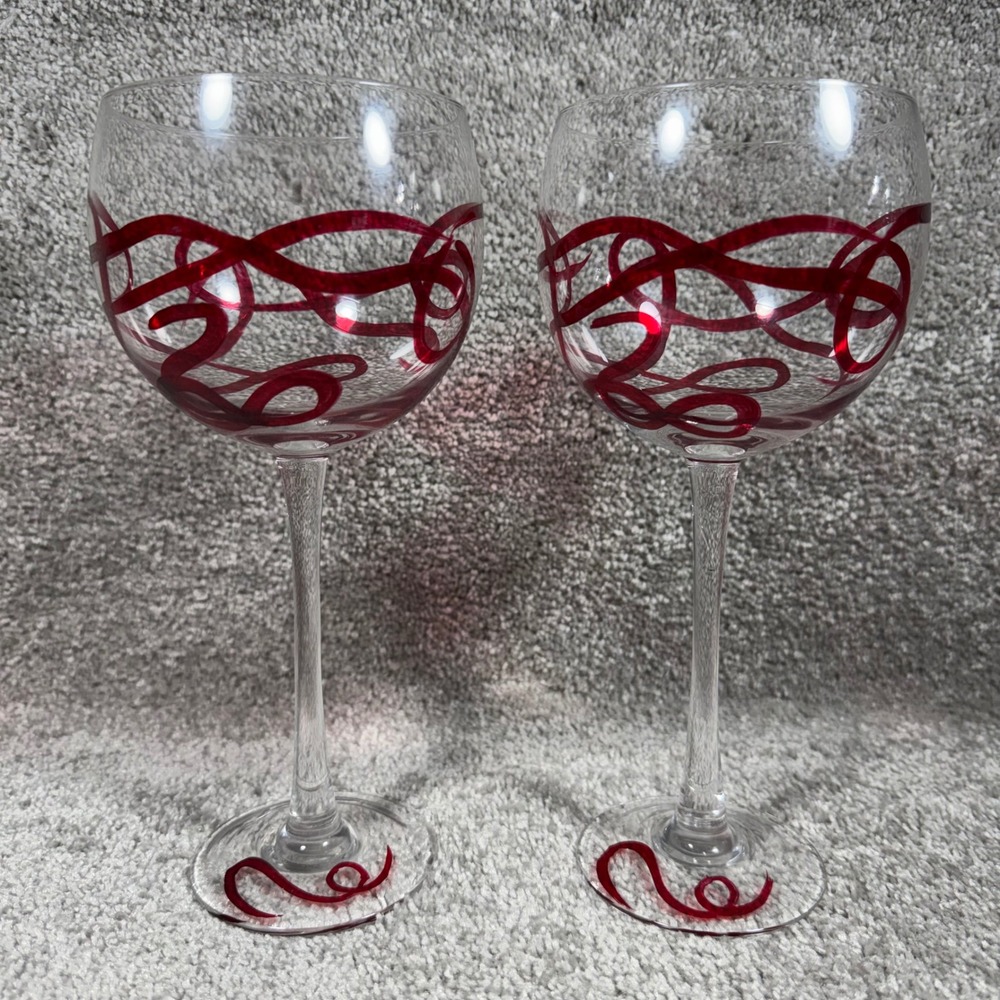 Wine‎ Glasses Red Handpainted Swirl Balloon Set of 2